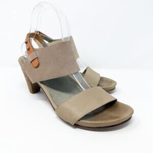 Humanoid Taupe Leather Heeled Sandals Size 39 Adjustable Strap Made in Portugal